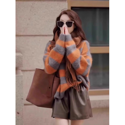 港味復古風撞色條紋毛衣女韓版慵懶風寬松潮流軟糯套頭針織衫上衣