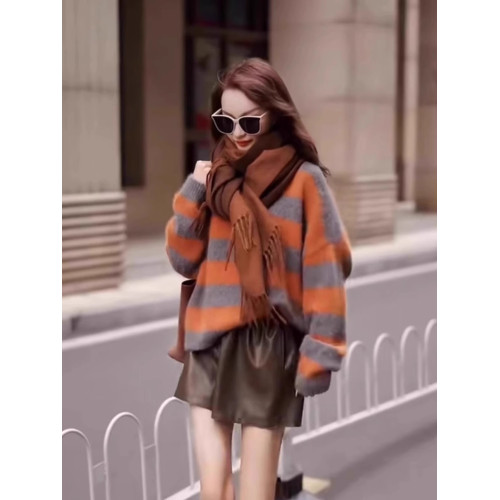 港味復古風撞色條紋毛衣女韓版慵懶風寬松潮流軟糯套頭針織衫上衣