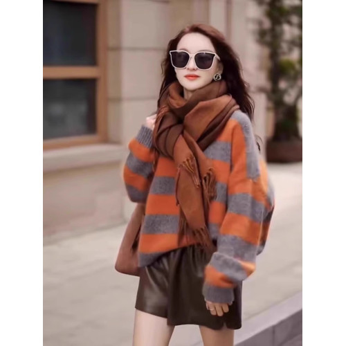 港味復古風撞色條紋毛衣女韓版慵懶風寬松潮流軟糯套頭針織衫上衣