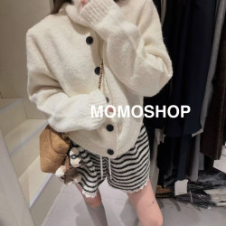 2025冬裝新款慵懶風藍色高領開衫毛衣女寬松長袖針織外套