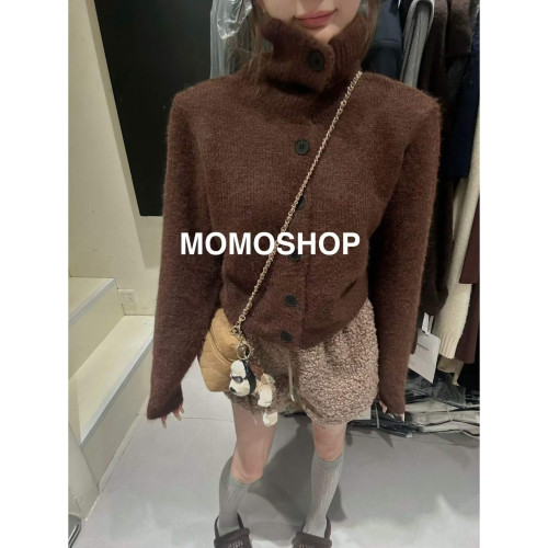 2025冬裝新款慵懶風藍色高領開衫毛衣女寬松長袖針織外套