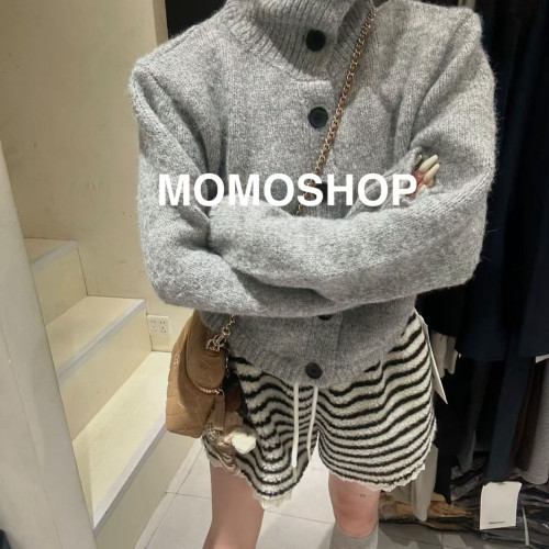 2025冬裝新款慵懶風藍色高領開衫毛衣女寬松長袖針織外套