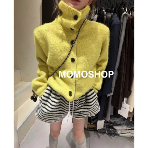 2025冬裝新款慵懶風藍色高領開衫毛衣女寬松長袖針織外套