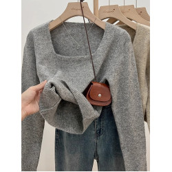 2025秋冬韓系新款穿搭毛衣女上衣方領長袖套頭百搭軟糯針織衫女裝