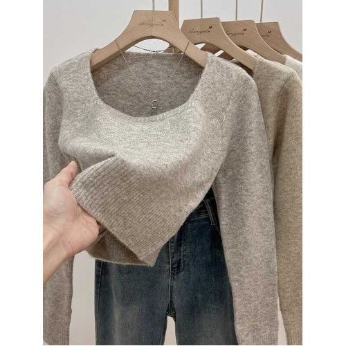 2025秋冬韓系新款穿搭毛衣女上衣方領長袖套頭百搭軟糯針織衫女裝