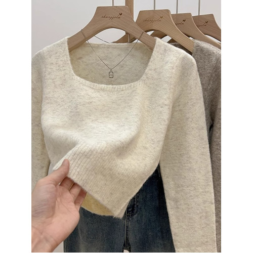 2025秋冬韓系新款穿搭毛衣女上衣方領長袖套頭百搭軟糯針織衫女裝