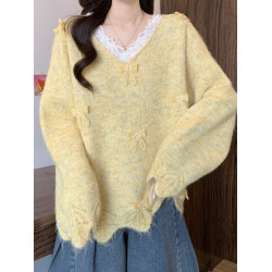 紫色花邊V領蝴蝶結針織衫毛衣女2025新款大碼胖mm軟糯巨好看上衣