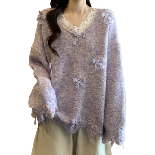 紫色花邊V領蝴蝶結針織衫毛衣女2025新款大碼胖mm軟糯巨好看上衣