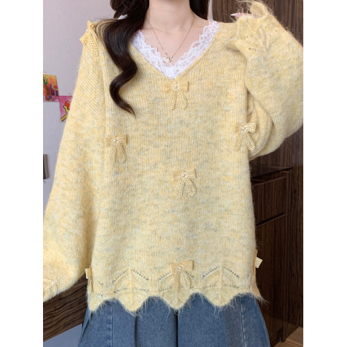 紫色花邊V領蝴蝶結針織衫毛衣女2025新款大碼胖mm軟糯巨好看上衣