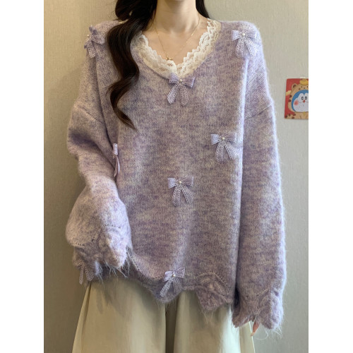 紫色花邊V領蝴蝶結針織衫毛衣女2025新款大碼胖mm軟糯巨好看上衣