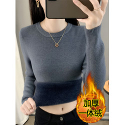 毛衣女秋冬一體絨加絨加厚打底衫內搭套頭針織衫圓領長袖保暖上衣