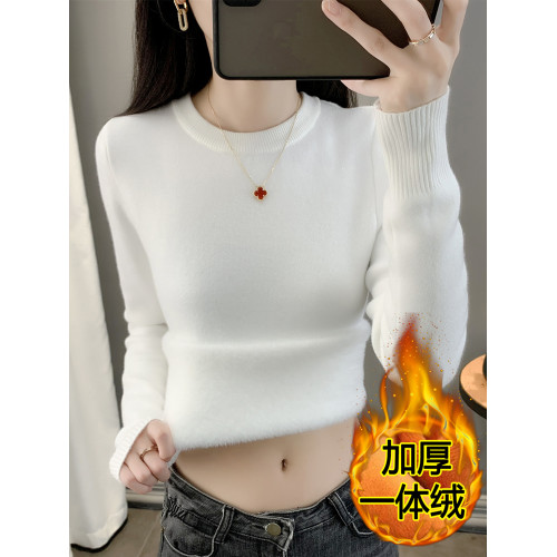 毛衣女秋冬一體絨加絨加厚打底衫內搭套頭針織衫圓領長袖保暖上衣