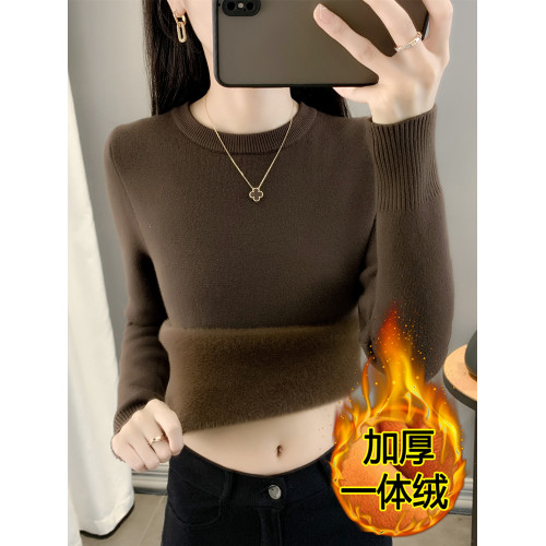 毛衣女秋冬一體絨加絨加厚打底衫內搭套頭針織衫圓領長袖保暖上衣