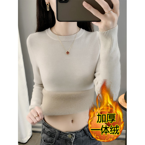 毛衣女秋冬一體絨加絨加厚打底衫內搭套頭針織衫圓領長袖保暖上衣