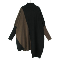 撞色拼接高領套頭毛衣女2025秋冬寬松慵懶大碼不規則中長款針織衫