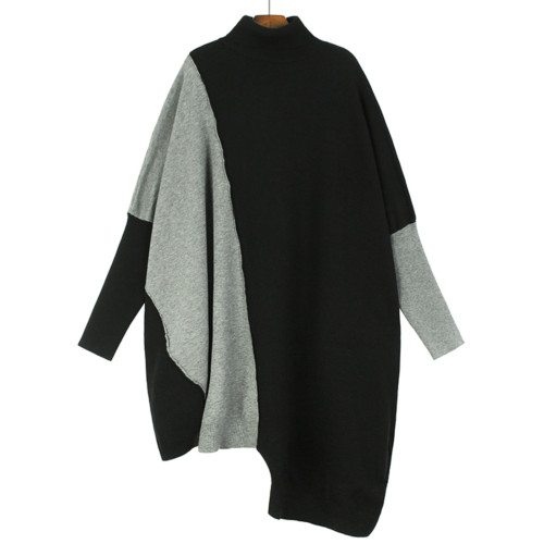 撞色拼接高領套頭毛衣女2025秋冬寬松慵懶大碼不規則中長款針織衫