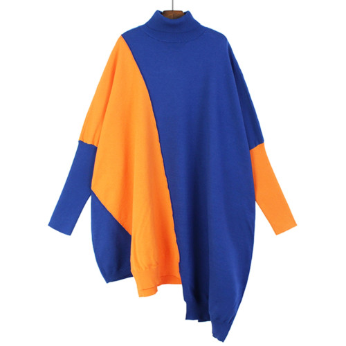 撞色拼接高領套頭毛衣女2025秋冬寬松慵懶大碼不規則中長款針織衫