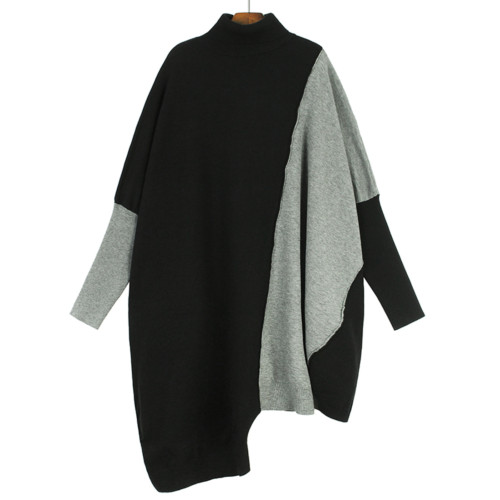 撞色拼接高領套頭毛衣女2025秋冬寬松慵懶大碼不規則中長款針織衫