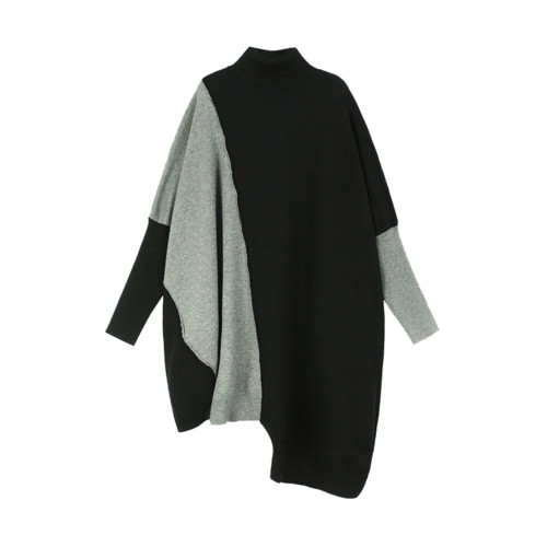 撞色拼接高領套頭毛衣女2025秋冬寬松慵懶大碼不規則中長款針織衫