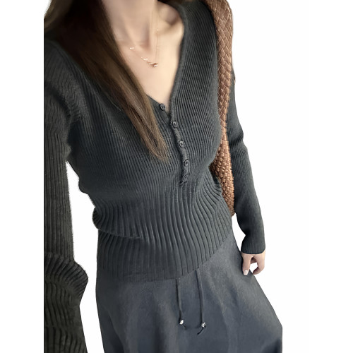 早秋穿搭韓系灰色V領針織打底衫女內搭2025新款開衫外套收腰上衣