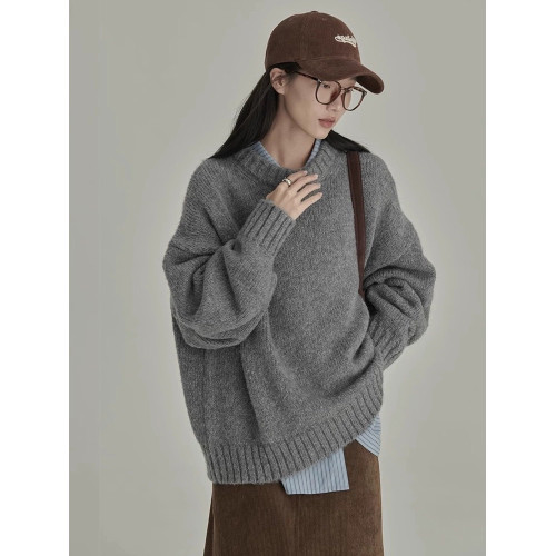 秋冬慵懶風復古圓領套頭寬松馬海毛純色外穿內搭打底加厚毛衣女潮