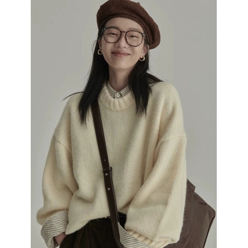 秋冬慵懶風復古圓領套頭寬松馬海毛純色外穿內搭打底加厚毛衣女潮