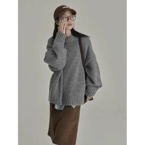 秋冬慵懶風復古圓領套頭寬松馬海毛純色外穿內搭打底加厚毛衣女潮