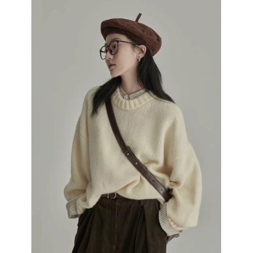 秋冬慵懶風復古圓領套頭寬松馬海毛純色外穿內搭打底加厚毛衣女潮