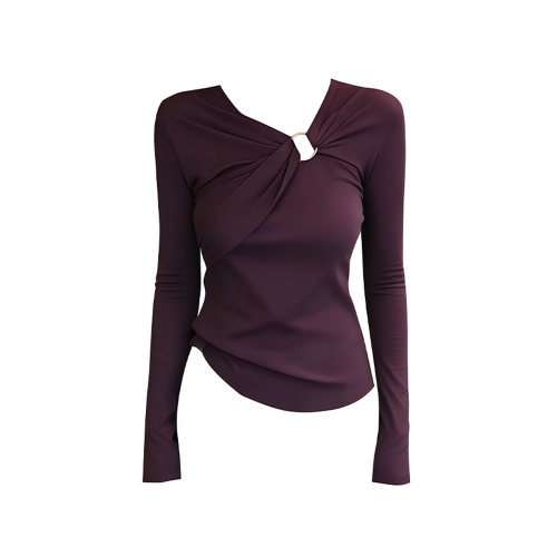 秋季時尚扭結設計感V領長袖上衣女2025新款修身小衆別致打底衫