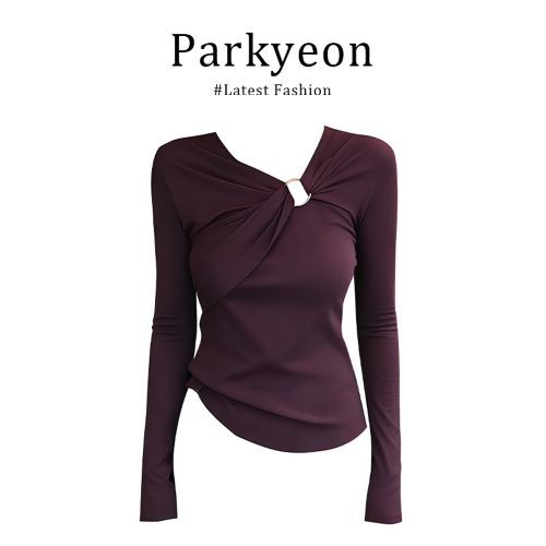 秋季時尚扭結設計感V領長袖上衣女2025新款修身小衆別致打底衫