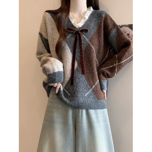 酒紅色菱格毛衣女2025秋冬季新款大碼胖mm蕾絲V領針織衫聖誕上衣