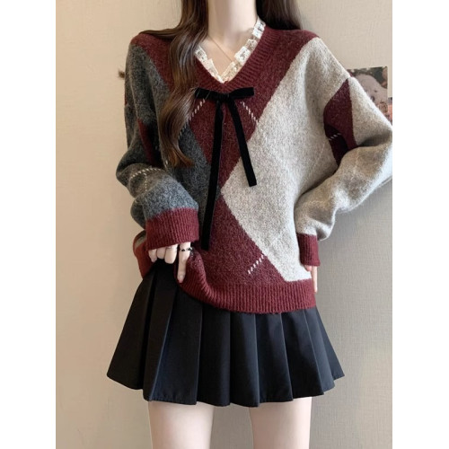 酒紅色菱格毛衣女2025秋冬季新款大碼胖mm蕾絲V領針織衫聖誕上衣