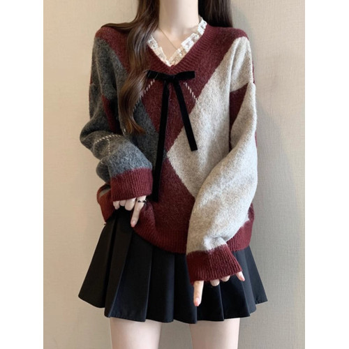 酒紅色菱格毛衣女2025秋冬季新款大碼胖mm蕾絲V領針織衫聖誕上衣