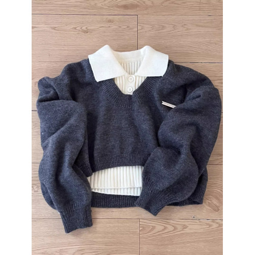 學院風短款POLO領毛衣女秋冬季內搭設計感兩件套針織上衣2025新款