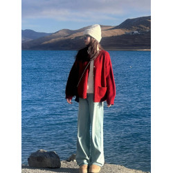 顯白安可拉紅色針織開衫毛衣女2025春季新款新年紅寬松慵懶感上衣