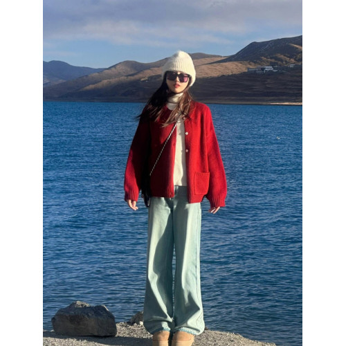 顯白安可拉紅色針織開衫毛衣女2025春季新款新年紅寬松慵懶感上衣