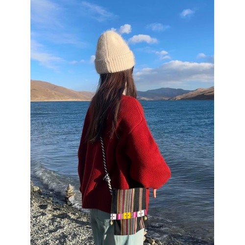 顯白安可拉紅色針織開衫毛衣女2025春季新款新年紅寬松慵懶感上衣