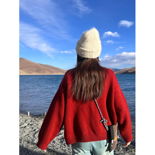 顯白安可拉紅色針織開衫毛衣女2025春季新款新年紅寬松慵懶感上衣