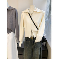 韓系繙領短款加厚外穿毛衣女秋冬雙拉鍊針織衫獨特超好看氣質上衣