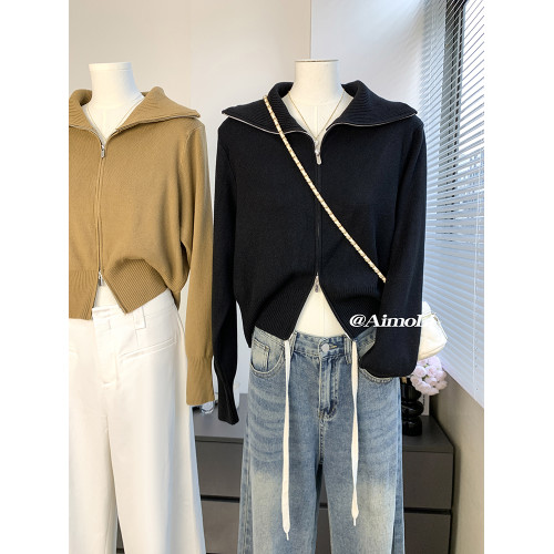 韓系繙領短款加厚外穿毛衣女秋冬雙拉鍊針織衫獨特超好看氣質上衣