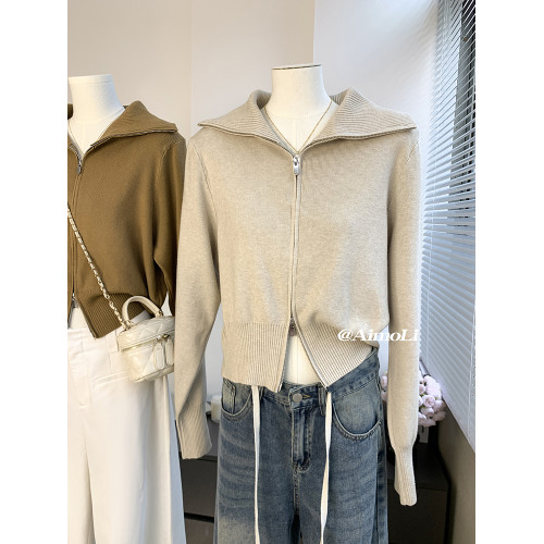 韓系繙領短款加厚外穿毛衣女秋冬雙拉鍊針織衫獨特超好看氣質上衣