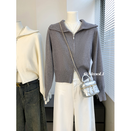 韓系繙領短款加厚外穿毛衣女秋冬雙拉鍊針織衫獨特超好看氣質上衣