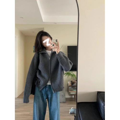 美式雙拉鍊毛衣女慵懶風針織開衫2025秋季加厚高領上衣肌理感外套