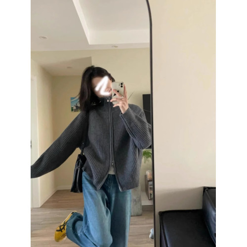 美式雙拉鍊毛衣女慵懶風針織開衫2025秋季加厚高領上衣肌理感外套