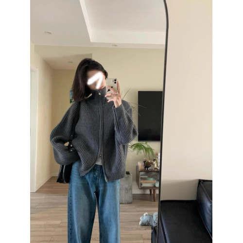 美式雙拉鍊毛衣女慵懶風針織開衫2025秋季加厚高領上衣肌理感外套