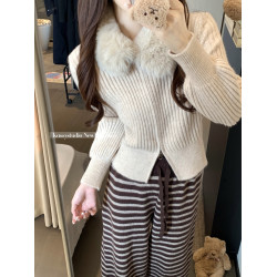 kumikumi慵嬾風毛領雙拉鍊毛衣外套女冬季別致百搭顯瘦新款針織衫