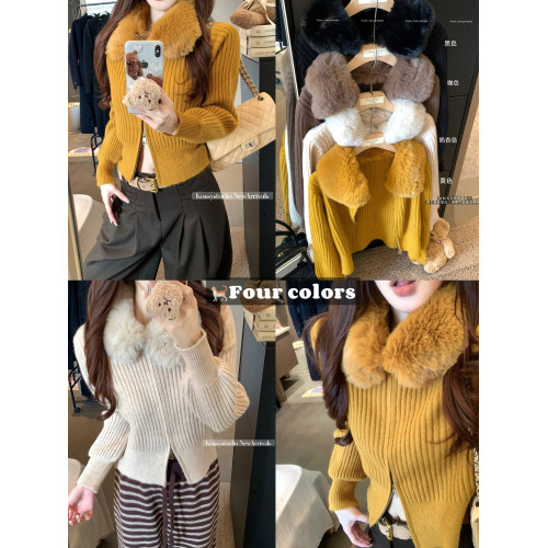 kumikumi慵嬾風毛領雙拉鍊毛衣外套女冬季別致百搭顯瘦新款針織衫