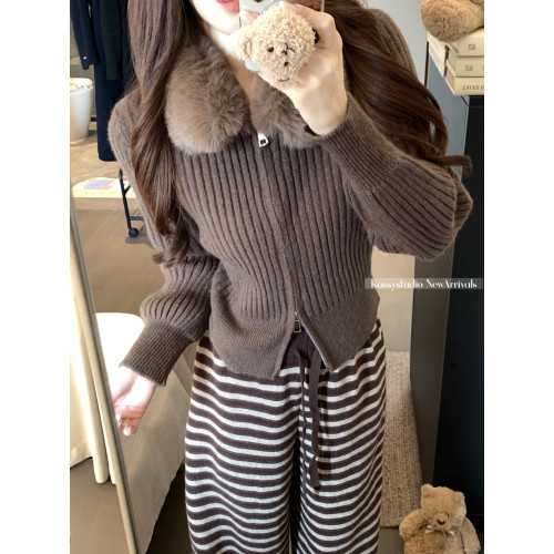 kumikumi慵嬾風毛領雙拉鍊毛衣外套女冬季別致百搭顯瘦新款針織衫