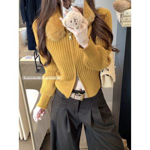 kumikumi慵嬾風毛領雙拉鍊毛衣外套女冬季別致百搭顯瘦新款針織衫