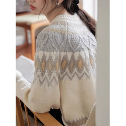 杏色費爾島聖誕毛衣女冬季森系法式復古寬松慵懶菱格套頭針織上衣